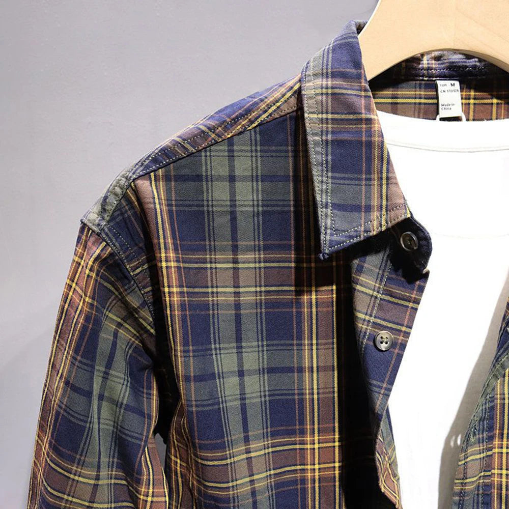 Hearujoy Spring And Summer Casual Shirt For Men Retro Japanese Style Simple Comfortable Spliced Long-Sleeve Loose Plaid Cargo Shirt