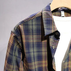 Hearujoy Spring And Summer Casual Shirt For Men Retro Japanese Style Simple Comfortable Spliced Long-Sleeve Loose Plaid Cargo Shirt