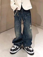 Hearujoy Distressed Logging Turquoise Jeans for Men and Women Streetwear Washed Baggy Denim Trousers Ripped Hole Loose Cargo Pants
