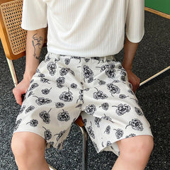 Hearujoy Male Summer Korean Printing Casual Shorts Wide Leg Knee Lenght Flowers Short Pants Men's Trendy Loose Everyday 9A8876