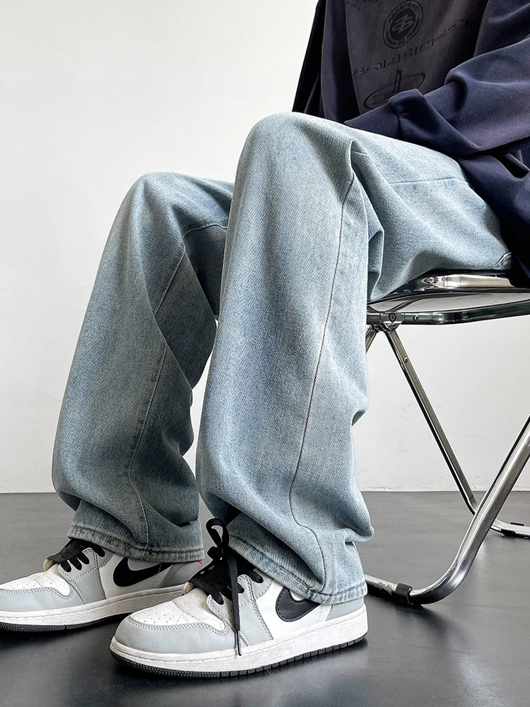 HEARUJOY  -  Spring Summer Men's Jeans Korean Fashion Black Blue Wide Leg Denim Pants Loose Straight Jean Trousers