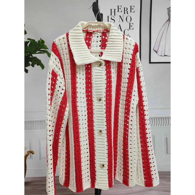 Hearujoy Autumn and Winter Fashion Sexy Hollow Men's Knitwear All-in-one Striped Men's Cardigan Muscle Men's Cut-out Knit Sweater Casual