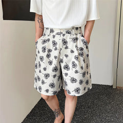 Hearujoy Male Summer Korean Printing Casual Shorts Wide Leg Knee Lenght Flowers Short Pants Men's Trendy Loose Everyday 9A8876