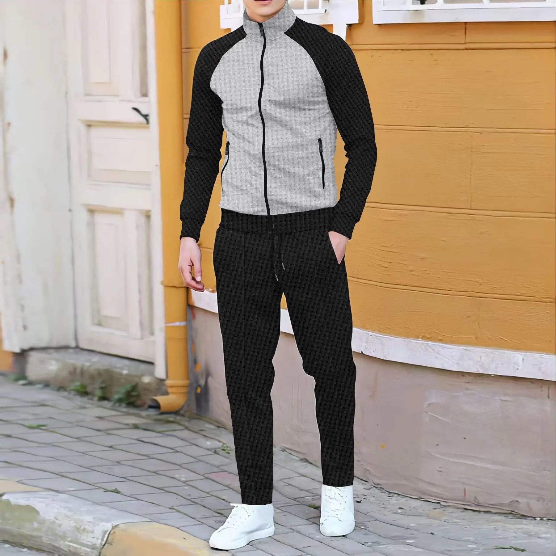 HEARUJOY  -  Spring Autumn Men's Sports Suits Patchwork Raglan Sleeve High Neck Jacket Coat And Pants Two Piece Set Casual Sweatshirt Outfits