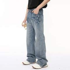 Hearujoy Niche Design Male Denim Pants Lightning Crack Casual Bottom Stright Wide Leg Loose Jeans Pockets Trend Summer 9C6389