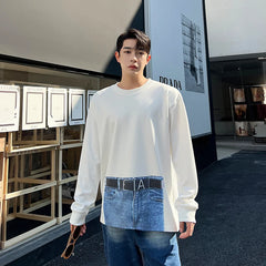 Hearujoy Korean Street fashion Spring Casual Men Personality Jeans Print Long Sleeve T-shirts Sweatshirt Patchwork Loose Sweatshirts