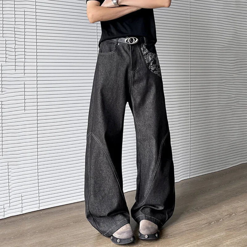 HEARUJOY  -  New Summer Men's Denim Pants Jacquard Patchwork Contrast Color 2025 Trousers Straight Leg Loose Male Boot-cut Jeans
