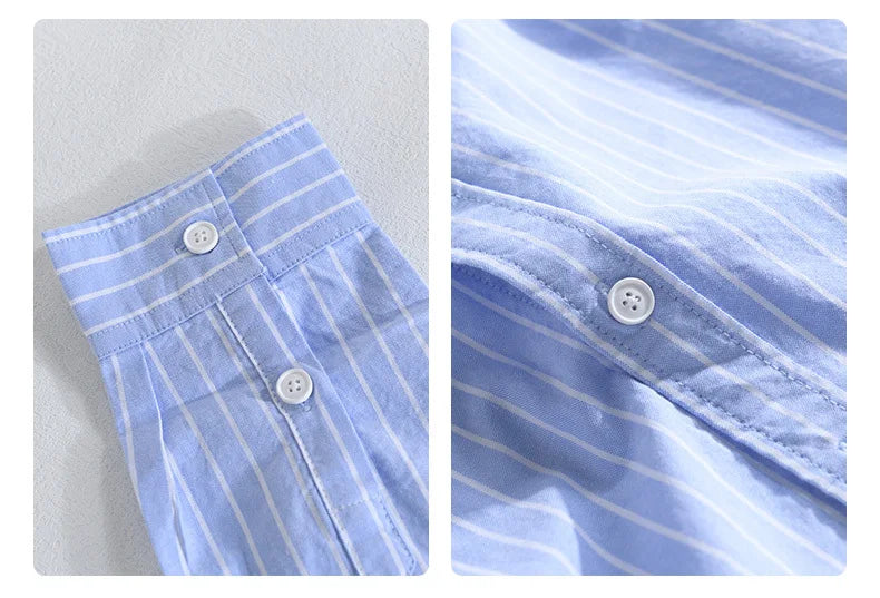 HEARUJOY  -  Men's Cotton Long Sleeve Shirt Spring Summer Casual Bear Embroidered Striped Long-sleeved Square Collar Breathable Shirts Man