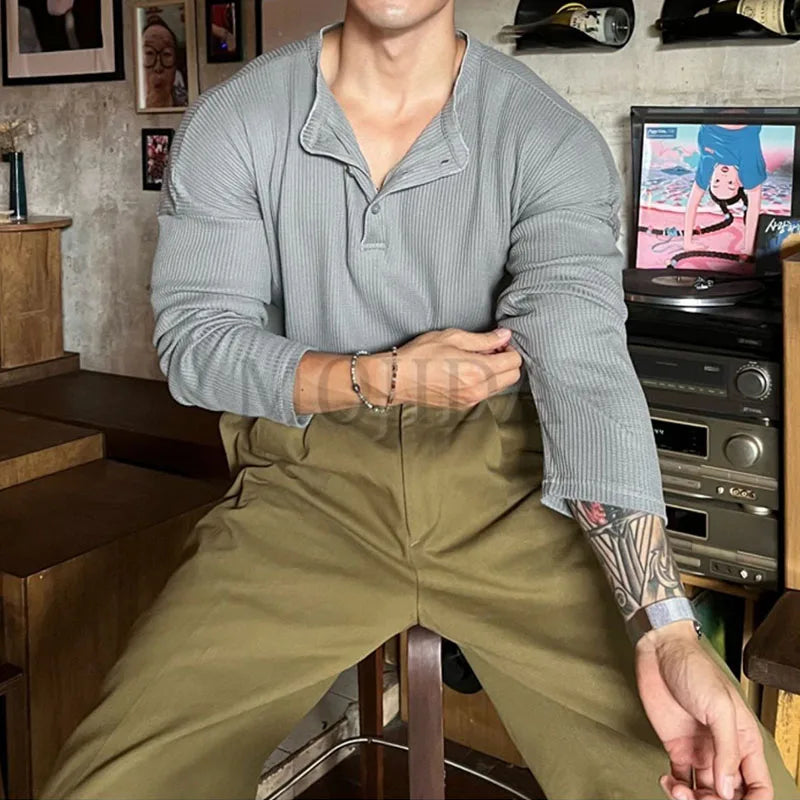 HEARUJOY  -  Vintage Trend Fashion Men T-Shirts Spring Autumn New Solid O-Neck Button Waffler Elastic Quick Dry Casual Loose Long Sleeve Tops