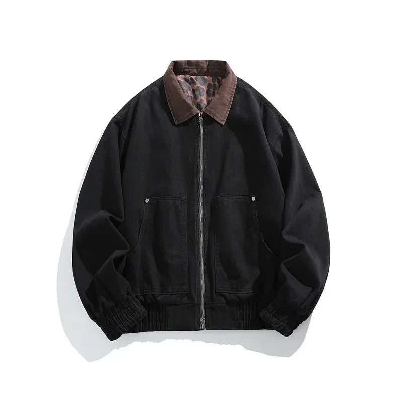HEARUJOY  -  Men's Jacket Men's Workwear Collared Outerwear Vintage Pure Cotton Leopard Print Detroit Jacket Mens Leather Bomber Jacket Denim
