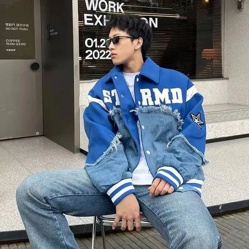 Hearujoy Retro Harajuku Patchwork Y2k Baseball Jean Jacket Casual Loose Couple Coat Hip Hop High Street Denim Jacket Women Streetwear