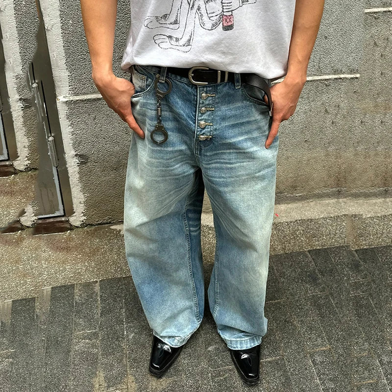 Hearujoy High Street Men's Denim Pants Loose Washing Bottun Design Straight Wide Leg Malwe Casual Jeans Autumn Simple 9C6709