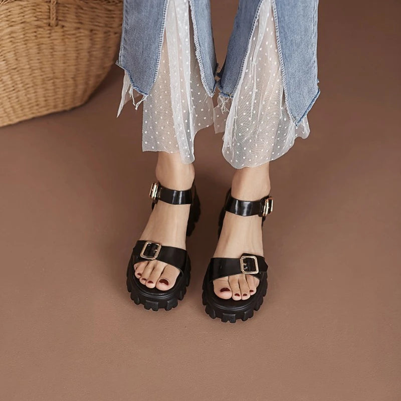 Hearujoy  New Summer Women Shoes Concise Thick Heel Leather Sandals Platform Shoes Platform Sandals White Genuine Leather Flats black