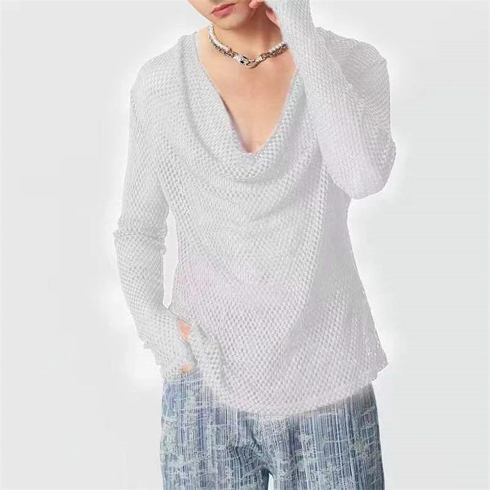 Hearujoy Mens Sexy See-Through Mesh Long-Sleeved Top 2024 New Genderless Nightclub Individuality Youthful Thin Low-Cut T-Shirt Unisex