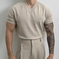 HEARUJOY  -  Men's Clothing Light Luxury Knit V Neck Short-sleeved T Shirt Solid Color Leisure Korean Popular Streetwear Retro Knitwear M-3XL