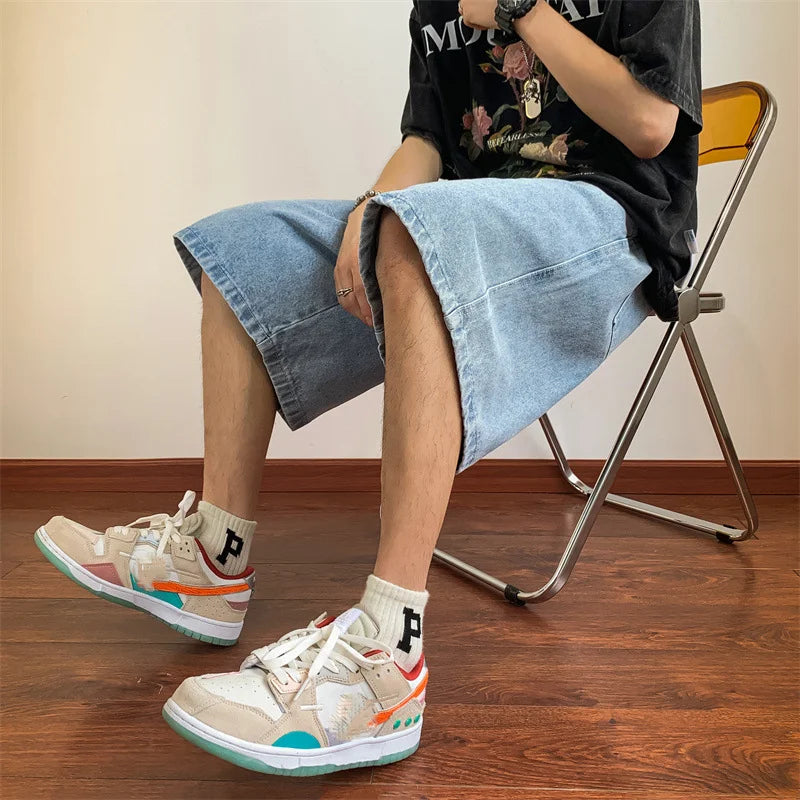 Hearujoy Summer Denim Shorts for Men Korean Harajuku Retro All-Match Baggy Straight Bottoms Wide-Leg High Street Five-Point Jeans Pants