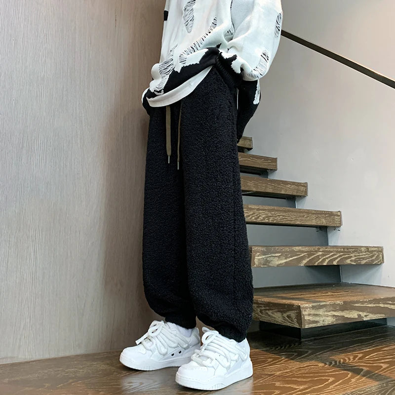 Hearujoy Winter Thickened Pants Men Warm Fashion Retro Lamb Wool Pants Men Oversized Streetwear Loose Straight Pants Mens Thick Trousers