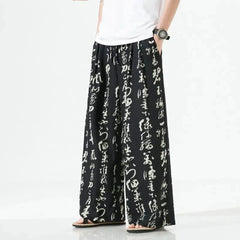 Hearujoy Men Chinese Style Printed Characters Wide Leg Pants Summer Fashion Sports Baggy Tide Trousers Darkwear Letter Streetwear Unisex