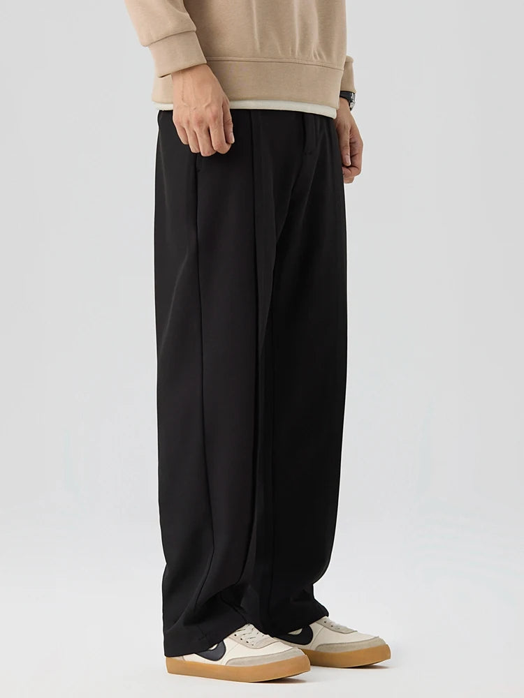 HEARUJOY  -  New Korean Men's Casual Pants Banded Waist Stretch Semi-Wide Pleated Suit Slacks Straight Loose Draped Trousers
