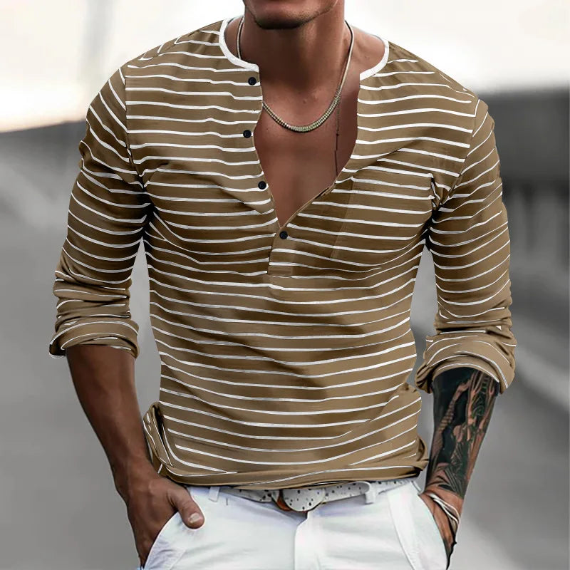 HEARUJOY  -  Men's Spring and Autumn Long Sleeve V-neck Button-down T-shirt Slim-fit Henley Shirt Horizontal Striped Top