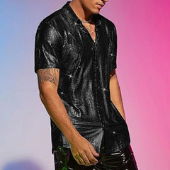 HEARUJOY  -  Male Tops Men Shirt Fashionable Regular Turn-down Collar Disco Stage Shirt Shiny Party Performance Short Sleeve