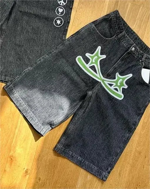 Hearujoy Y2k Retro Washed Brown Gothic Denim Shorts Fashion Klein Diamond All Embroidery Men Women Clothing Jorts Baggy Streetwear Shorts