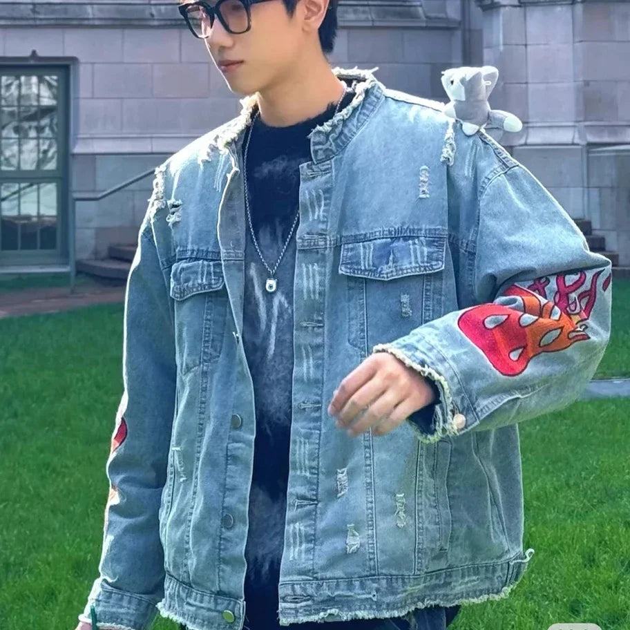 Hearujoy High Street Cleanfit Ripped Flame Embroidery Hole Washed Blue Denim Jackets Men and Women Vintage Frayed Baggy Jeans Coat