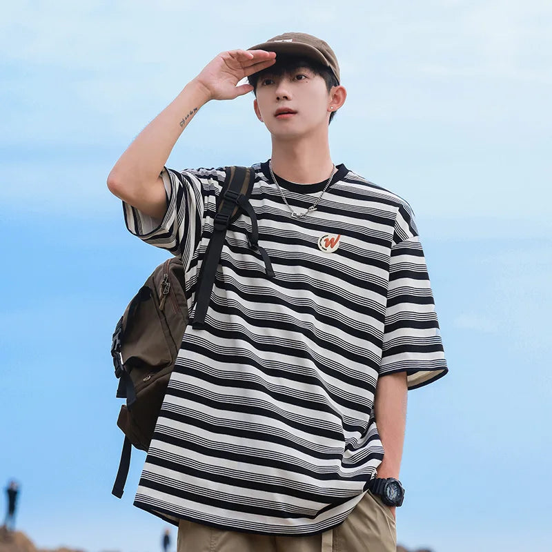 HEARUJOY  -  Hip Hop Striped T Shirt Men Streetwear Mens Stripes T-shirts Casual Summer Short Sleeves Oversized Contrast Tshirt Tops Tee