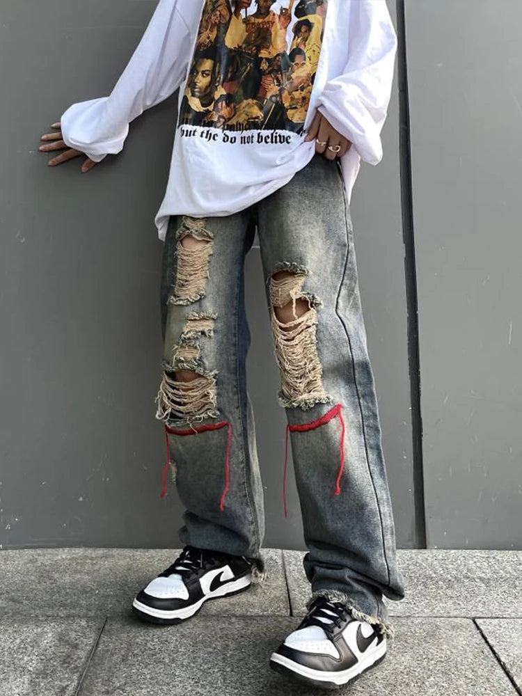 Hearujoy Ripped Jeans Pants for Men Punk Denim Trousers Male Straight Leg Jeans Hip Hop Harajuku Korean Streetwear Hippie Hole