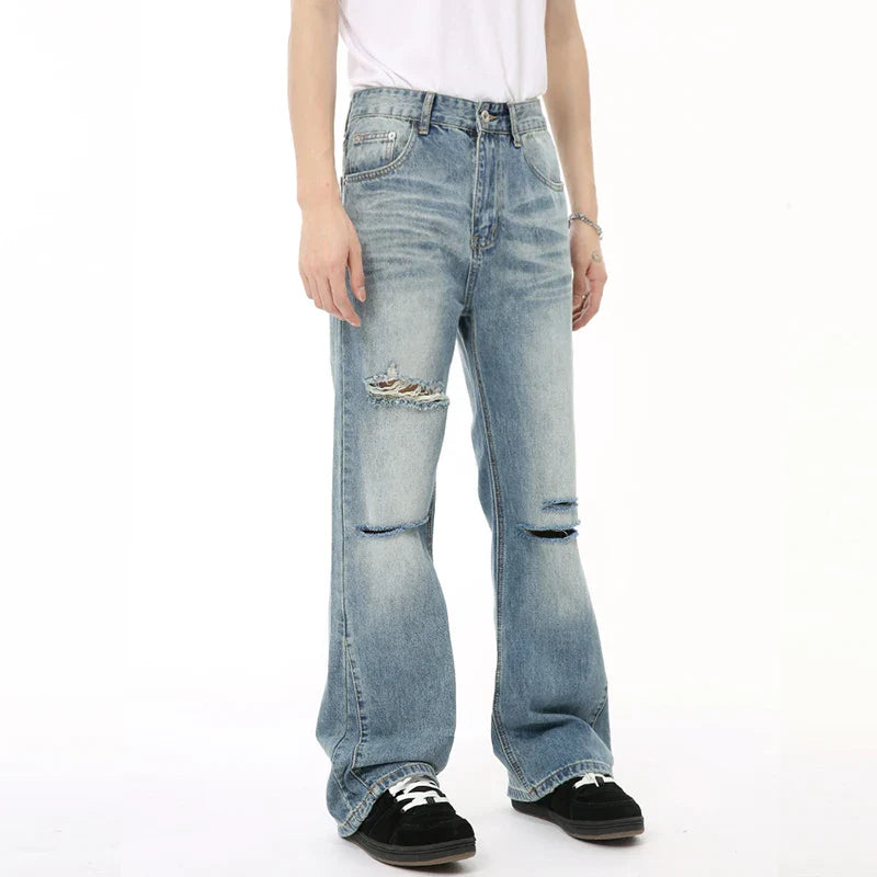 Hearujoy American Style Men's Denim Pants Casual Worn-out Hole Wide Leg Menwear Straight Solid Color Male Bottom Chic 9C6608