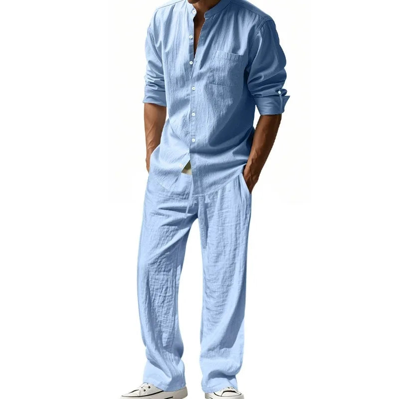 HEARUJOY  -  Men's Four-season Linen Loose and Breathable Long-sleeved Shirt, Casual Long Pants, Beach Suit