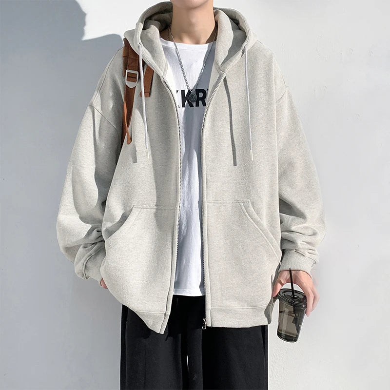 HEARUJOY  -  Spring Autumn Men's Zipper Hoodies Streetwear Casual Jacket Male Solid Color Loose Sweatshirts Simple Hooded Coats