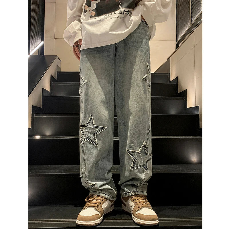 Hearujoy Star Embroidery Straight Casual Men Jeans Gothic Neutral New Wide Leg Loose Hip-hop Fashion Youth Streetwear Denim Trousers Y2K