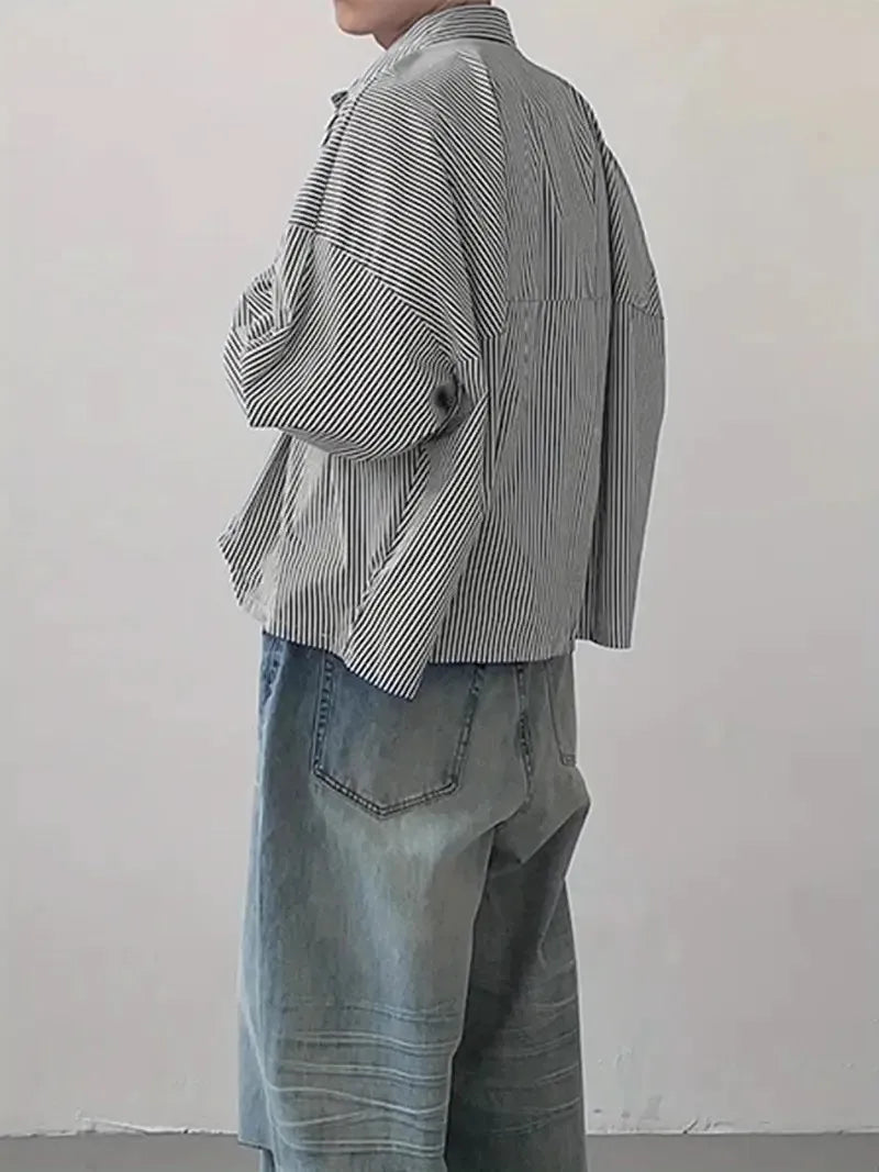 HEARUJOY  -  New Japanese Trendy Men Shirts Light Luxury Textured Lapel Striped Long Sleeve Cardigan Tops Leisure Premium Loose Blouse M-2XL