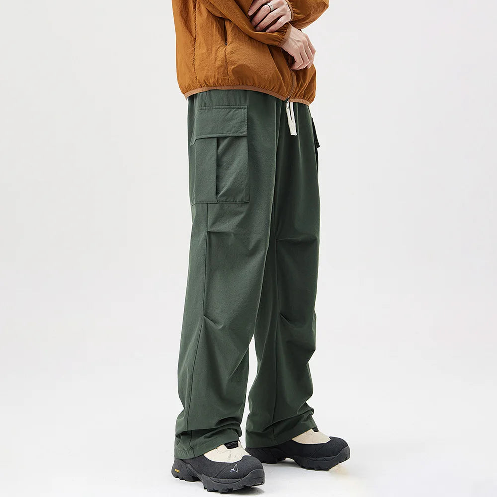 Hearujoy Autumn New Fashion Pleated Paratrooper Overalls Pants Men Outdoor Sports Big Pocket Mountain Wide Leg Casual Mens Pants