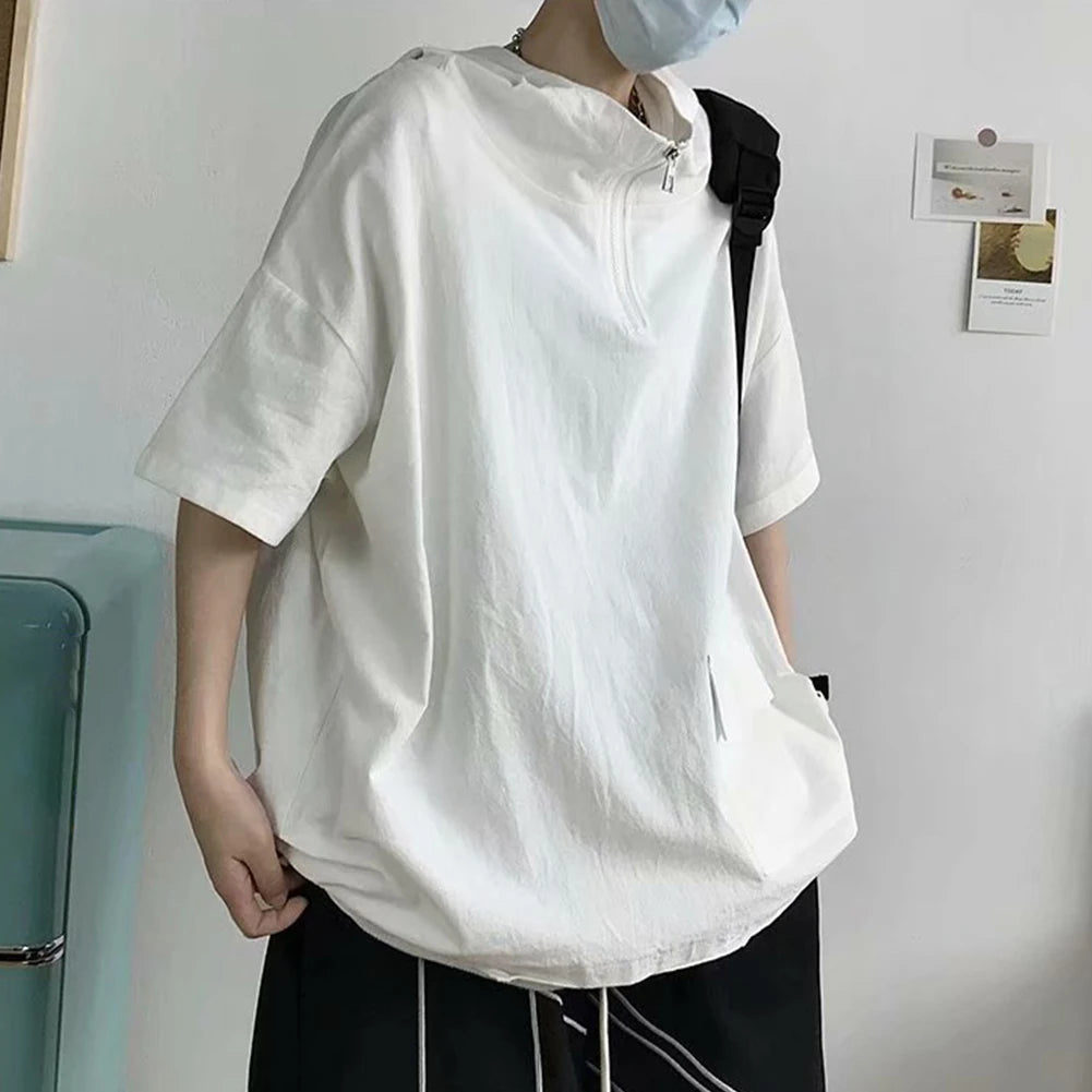 HEARUJOY  -  Pullover Men Tops Hoodie Loose Pocket Polyester Casual Harajuku Hip Hop Hooded Short Sleeve Solid Color Sweatshirt