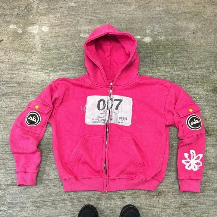 Hearujoy Y2K Harajuku American Fashion Zipper Hoodie Men Women Hip Hop Pink Washing Printing Oversize Hoodie Casual Sweatshirt Streetwear