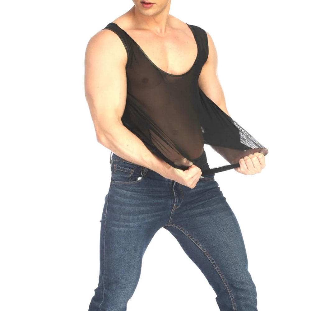 Hearujoy Men Sexy See-Through Mesh Splicing Vest 2024 New Genderless Nightclub Personalized Slim Stage Performance Clothing Unisex