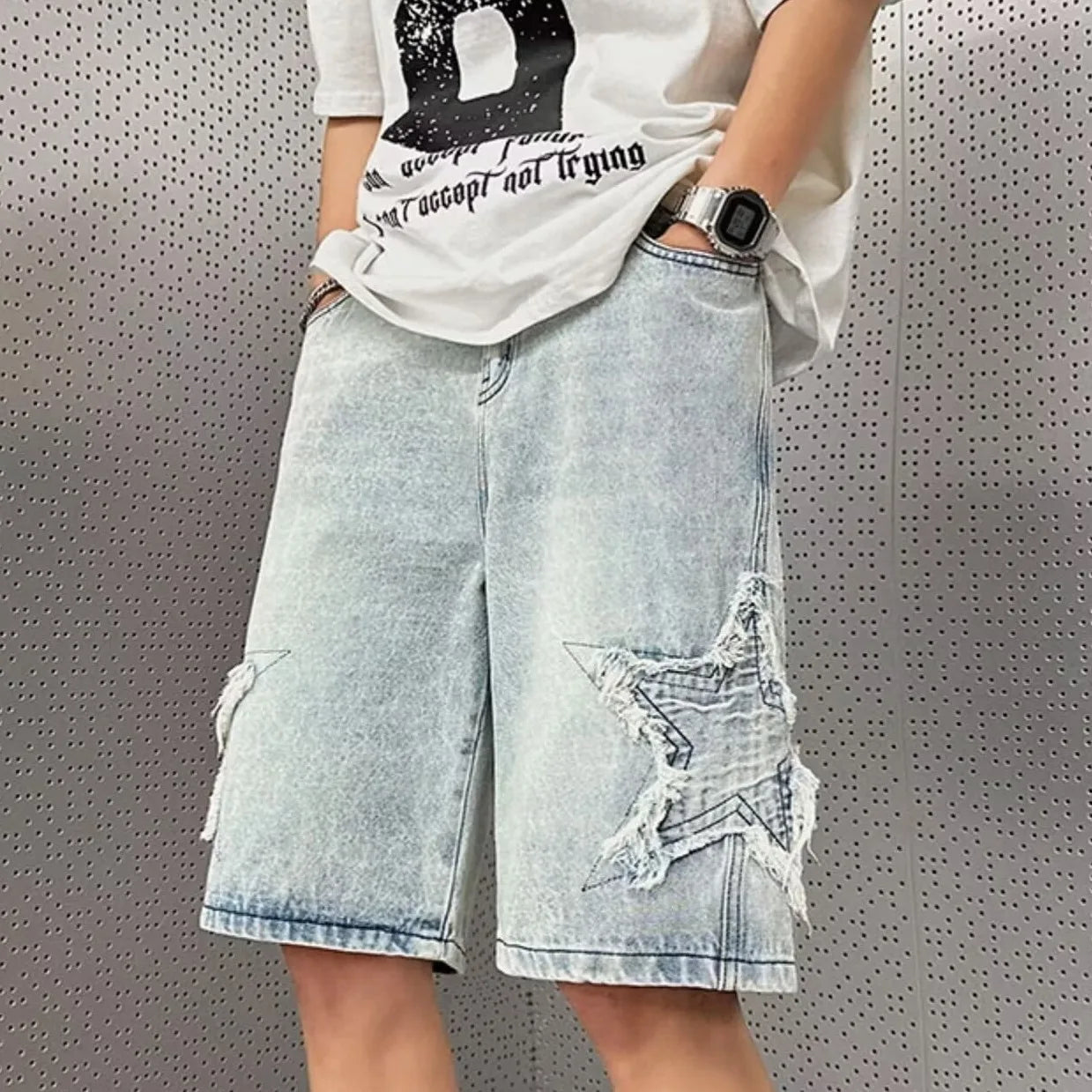 Hearujoy Star Patchwork Yellow Clay Color Jeans Summer Men Denim Shorts Trendy Streetwear Five-point Pants Straight Jeans Shorts