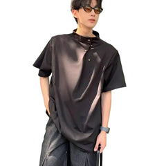 HEARUJOY  -  Men Korean Stand Collar Retro Casual Tee Tops Short Sleeve Street Wear Men's Loose T-Shirt Breathable