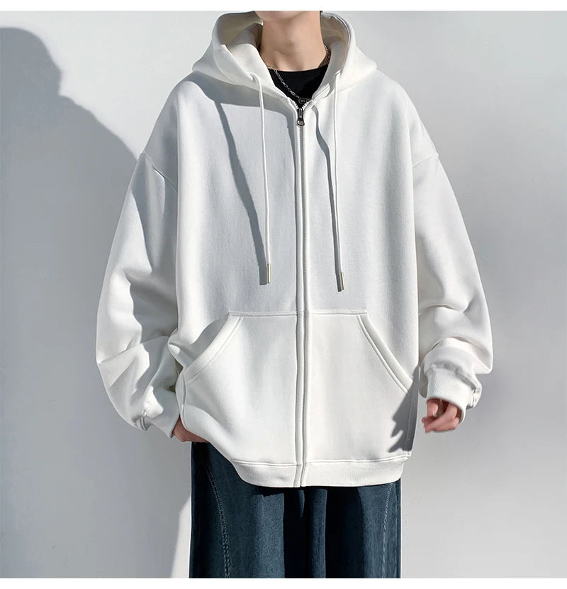 HEARUJOY  -  Spring Autumn Men's Zipper Hoodies Streetwear Casual Jacket Male Solid Color Loose Sweatshirts Simple Hooded Coats