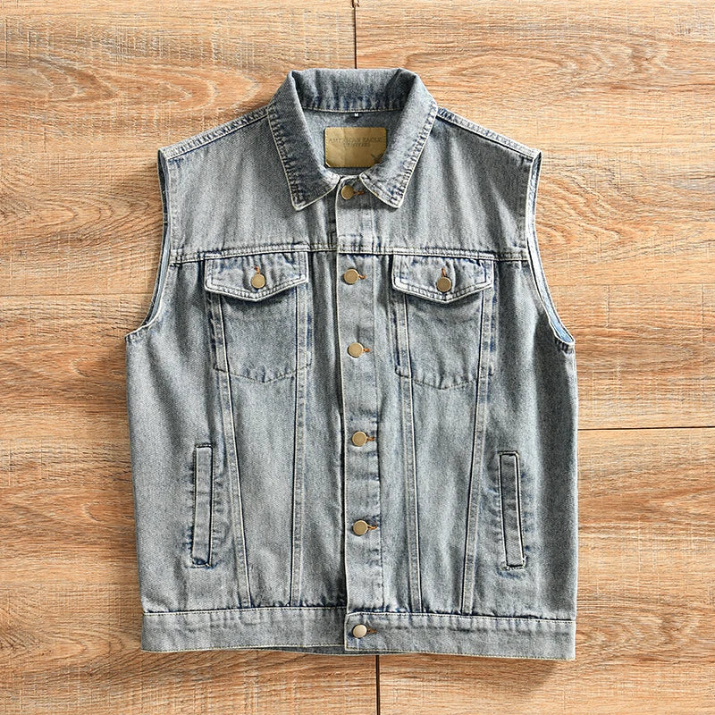 HEARUJOY  -  Heavy-Duty Washed Spring Men's Japanese Casual Lapel Denim Vest Sleeveless Tank Jacket Amekaji American Vintage