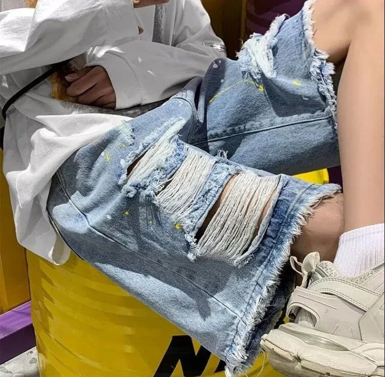 HEARUJOY  -  Loose Wide Ripped Bermuda Big Size with Pockets Half Long Baggy Oversize Short Jeans Pants for Men Man Denim Shorts Popular Emo