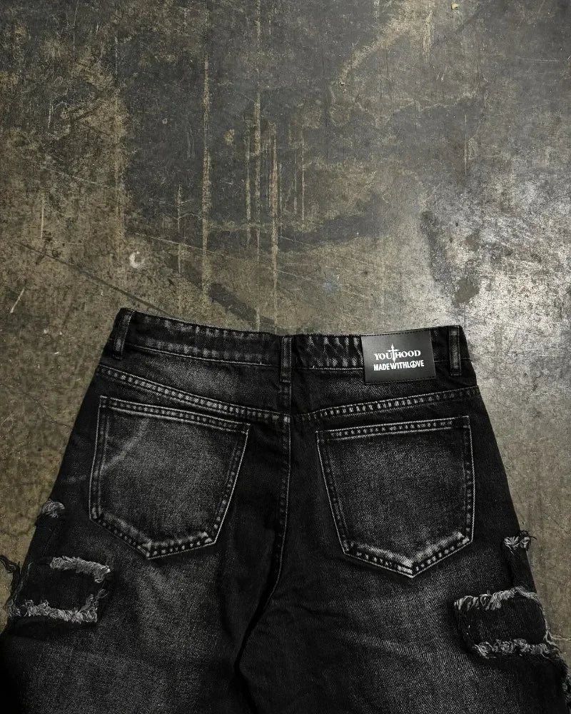 Hearujoy Street washed geometric cross embroidery raw edge high quality baggy denim shorts for womens y2k summer new simple sports pants