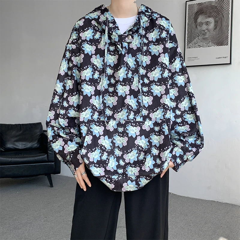 Hearujoy Autumn Flower Hoodies Men Oversized Fashion Printed Pocket Hoodie Men Streetwear Hip Hop Loose Pullover Hoodies Mens Hoody