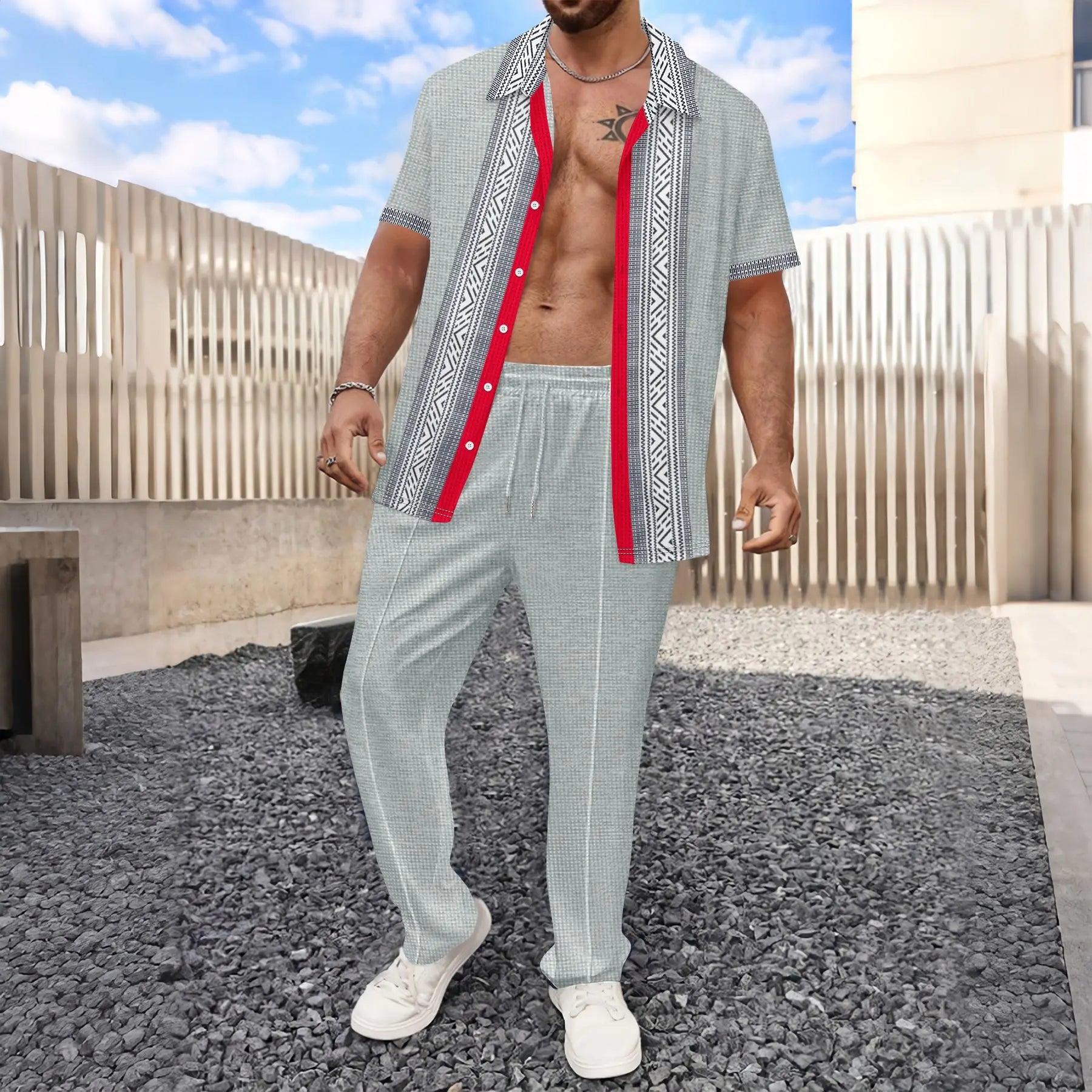 HEARUJOY  -  Summer Men Waffle Outfits Color Blocked Lapel Short Sleeve Shirts And drawstring Pants Two Piece Set Fashion Casual Suits