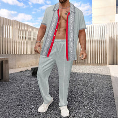 HEARUJOY  -  Summer Men Waffle Outfits Color Blocked Lapel Short Sleeve Shirts And drawstring Pants Two Piece Set Fashion Casual Suits