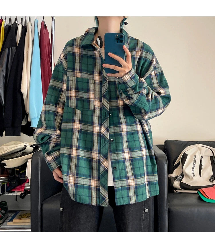 HEARUJOY  -  New in Spring Men's Shirts Classic Harajuku Long Sleeved Plaid Shirt Red Checkered Shirt Chemise Homme Cotton Male Check Shirts