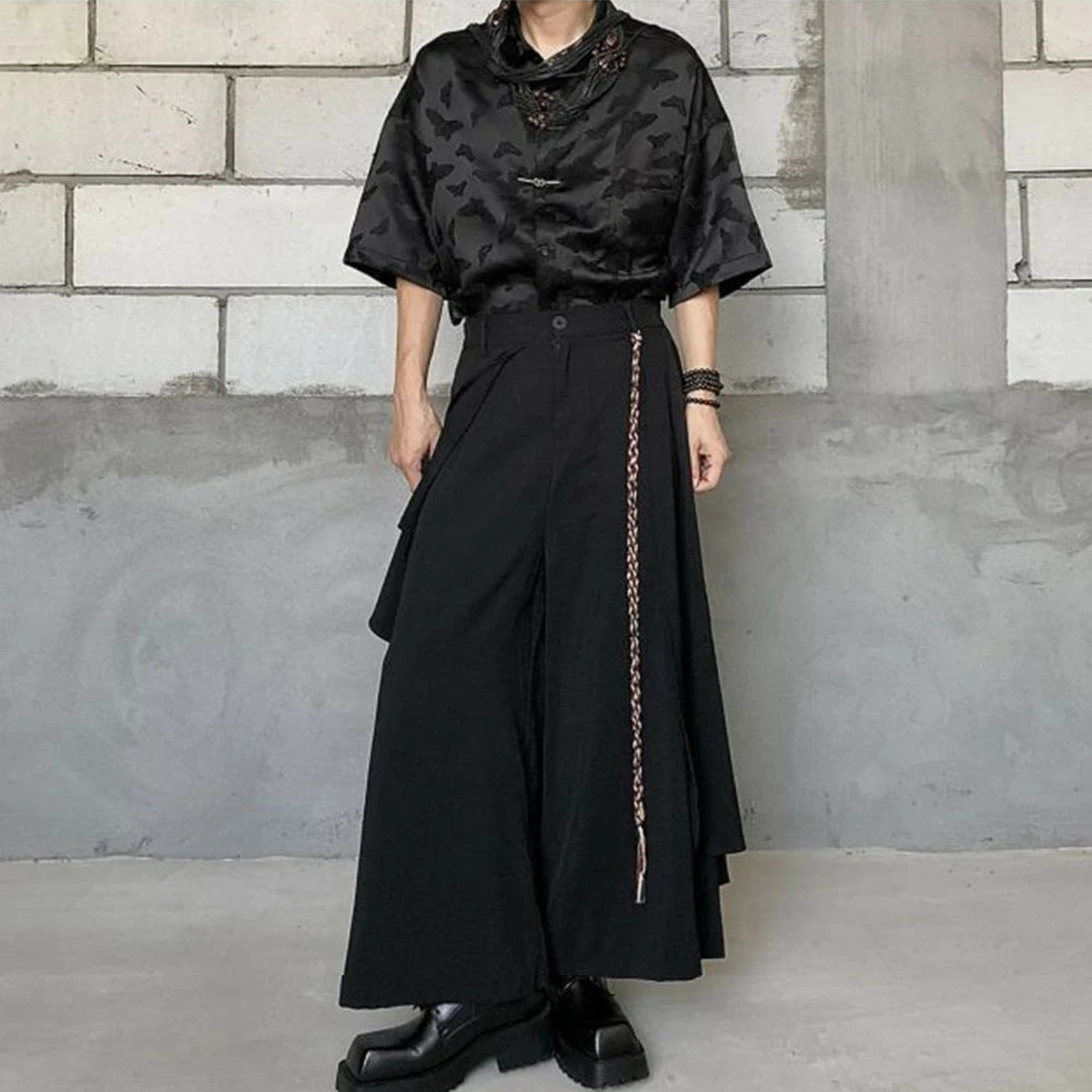 Hearujoy Mens Chinese Style Retro Irregular Layered Culottes Essential Genderless Fashion Trend Double Layer Loose Wide Leg Pants Unisex