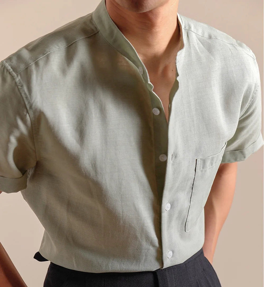HEARUJOY  -  Natural Linen Cotton Blend Stand Up Collar Shirt Top Quality Men's Short Sleeved Casual Loose Thin Breathable Shirt 3 Colors